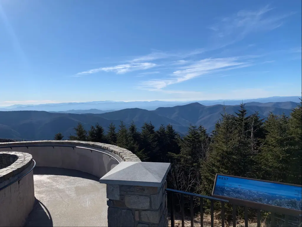 View to west on summit of Mt Mitchell North Carolina on a sunny day