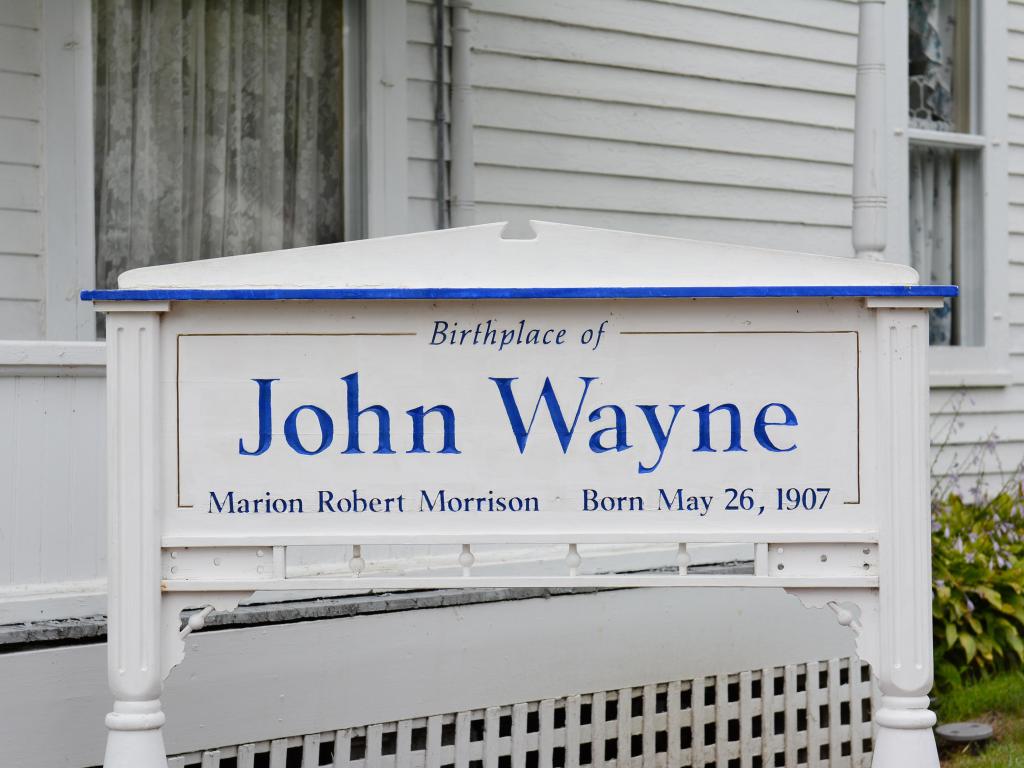 Sign at the John Wayne Birthplace. On the grounds of the museum that opened to the public in May of 2015.