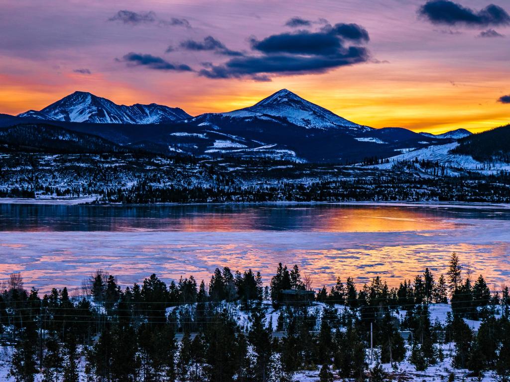 Sunrise in Breckenridge, Colorado, USA during winter.