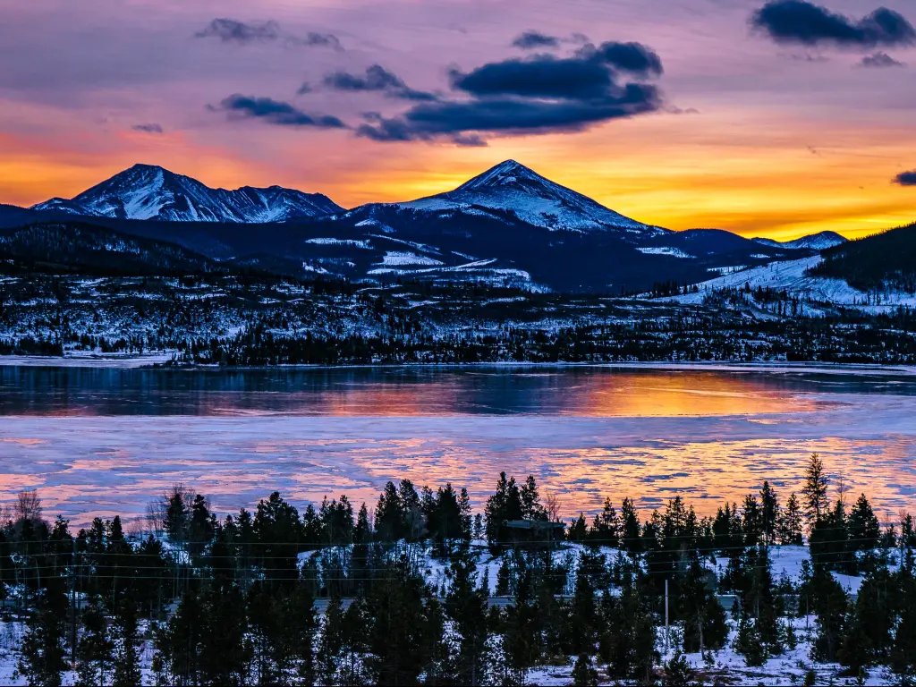 Sunrise in Breckenridge, Colorado, USA during winter.
