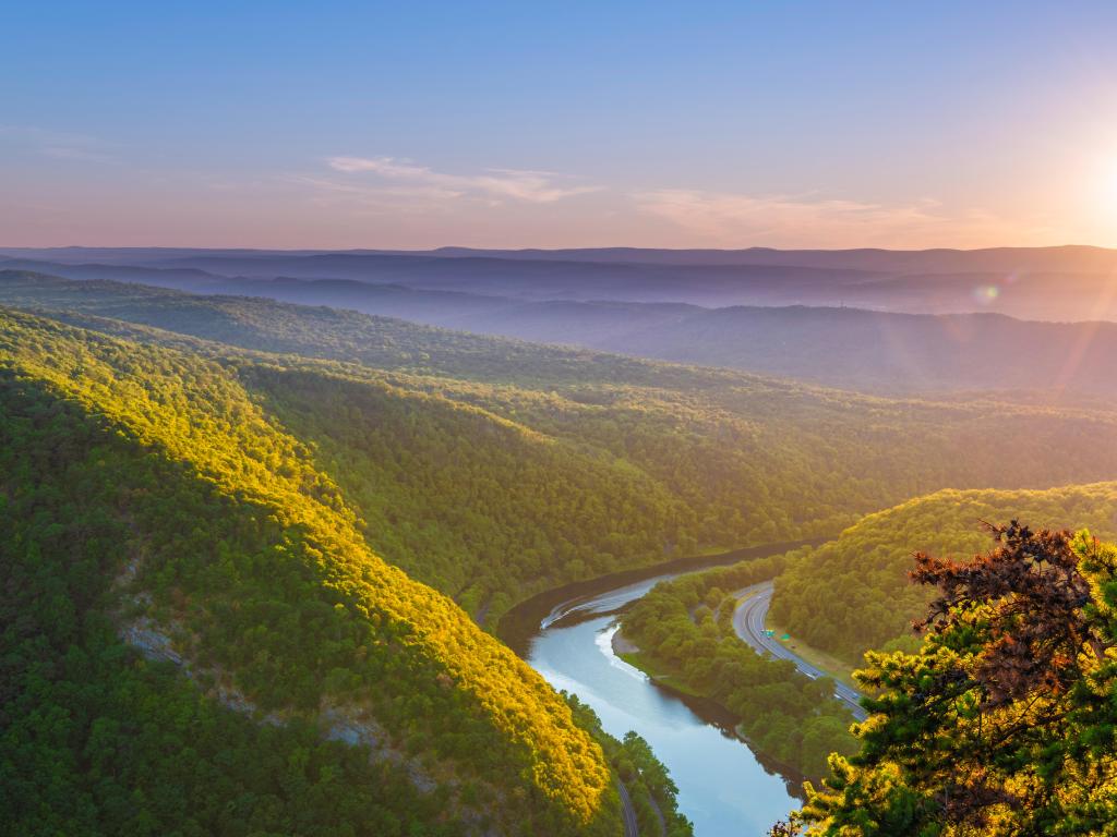 Delaware Water Gap Recreation Area viewed at sunset from Mount Tammany located in New Jersey, USA
