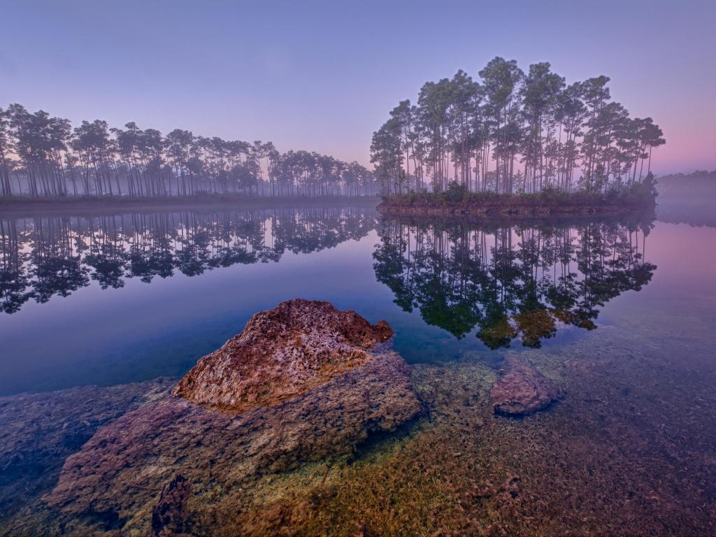 Everglades National Park, Florida at dawn with a large rock in the lake in the foreground and trees in the distance reflecting in the water.