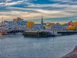 Pickering Wharf Marina Cityscape, water, boats, buldhead, trees, fall colors
