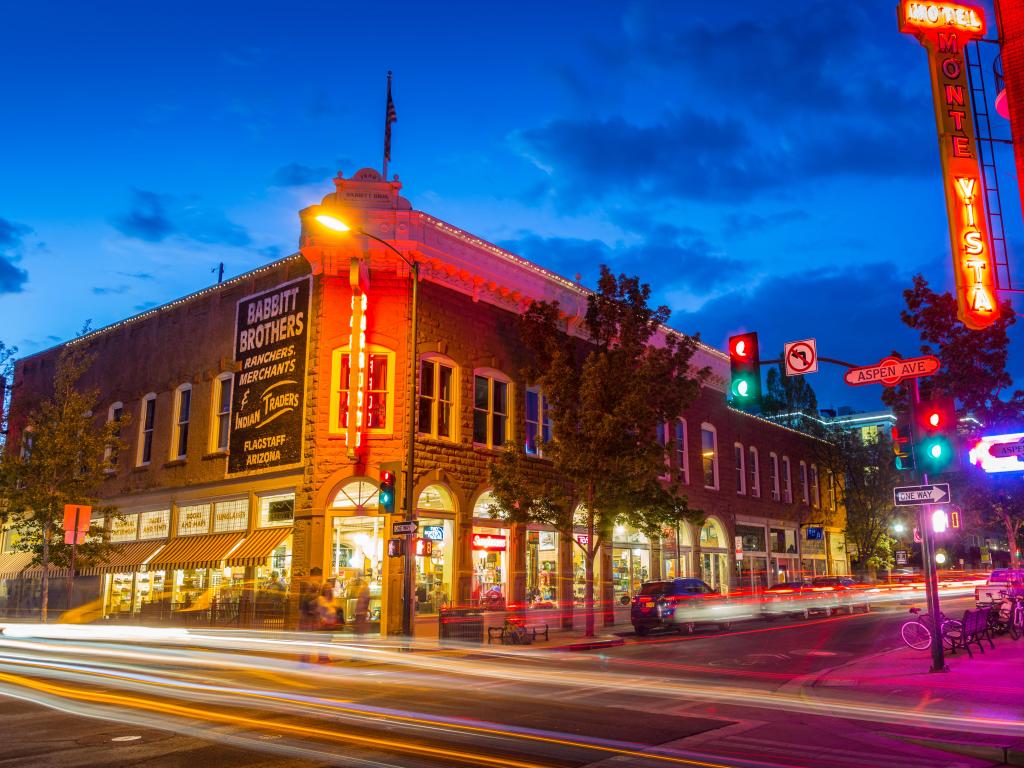 A time-lapse shot of Flagstaff historic center in Arizona, at night with traffic going by 