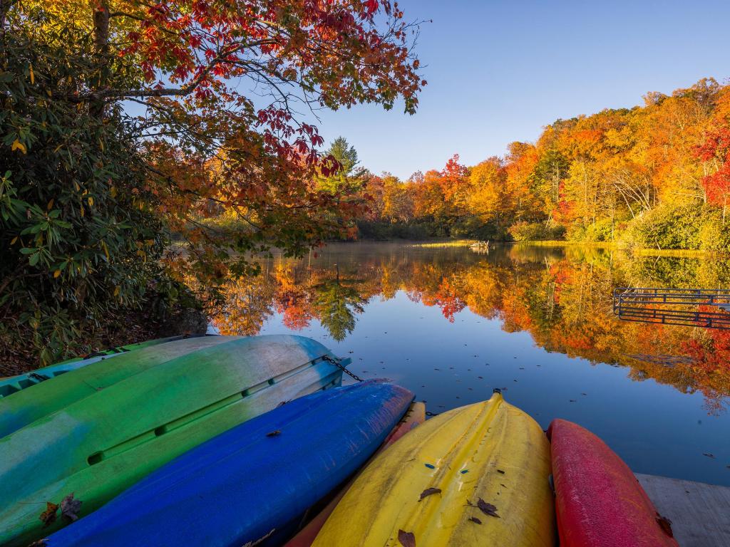 Upturned kayaks in different colors, next to a lake surrounded by fall color trees