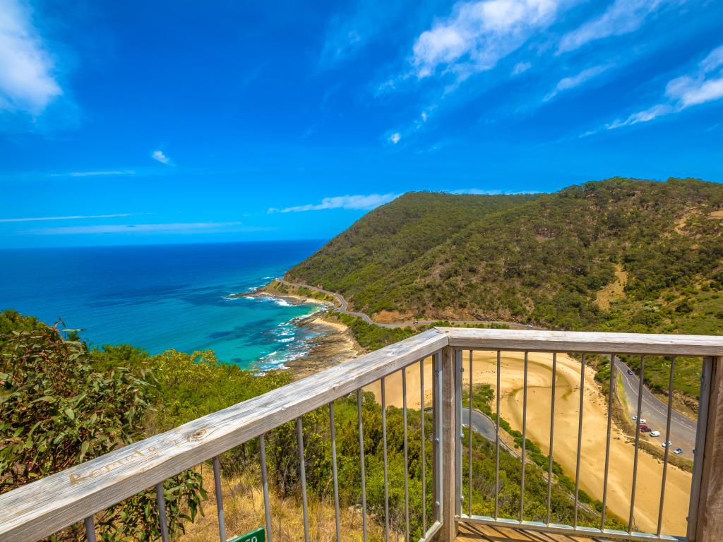 View out at sea on a clear and sunny day from Teddys Lookout viewing platform, south of Lorne, Victoria, Australia