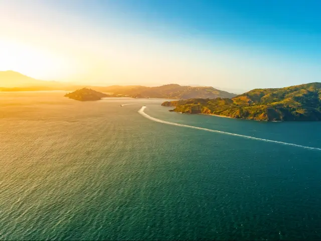 Aerial view of Angel Island at sunset off the coast of San Francisco