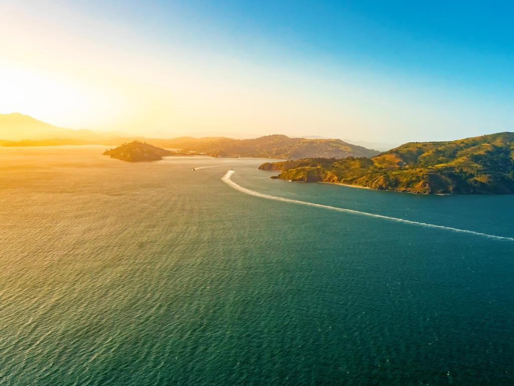 Aerial view of Angel Island at sunset off the coast of San Francisco