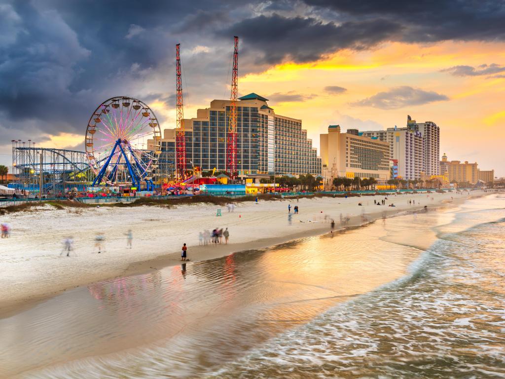 Daytona Beach, Florida, USA beachfront skyline at dusk.