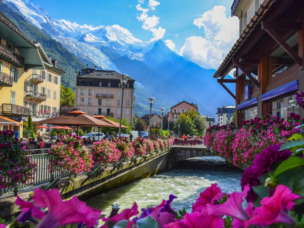 Chamonix, France. View of the Arve river and Mont-Blanc massif from the centre of Chamonix .