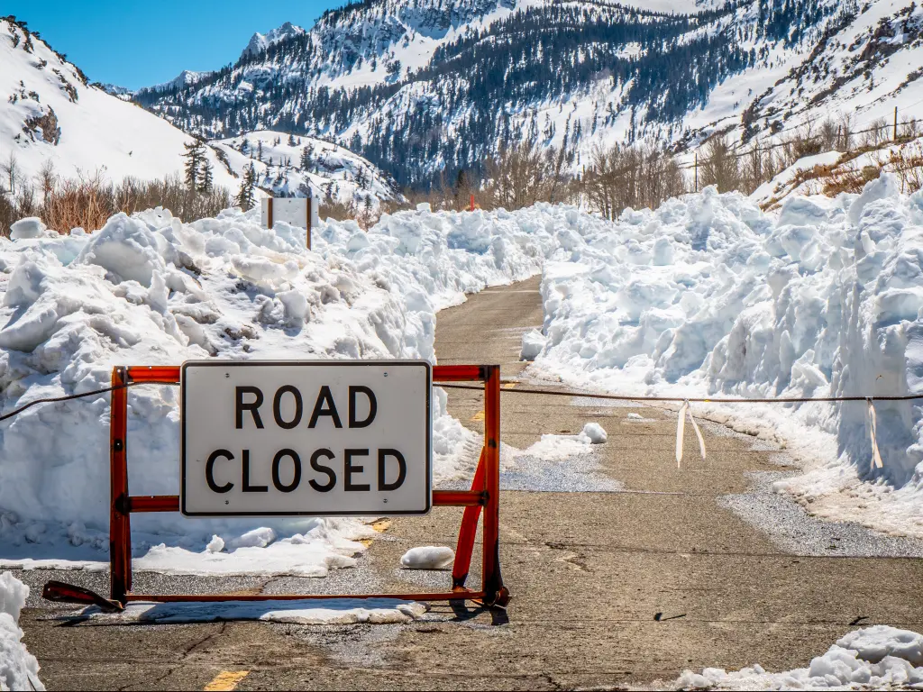 Road closed in Inyo National Forest due to snow in the winter, California.
