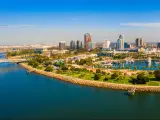 Aerial panoramic view of the Long Beach coastline, harbour, skyline and Marina in Long Beach with Palm Trees, LA