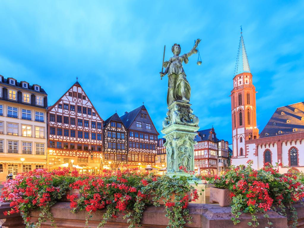 Old town with the Justitia statue in Frankfurt, Germany