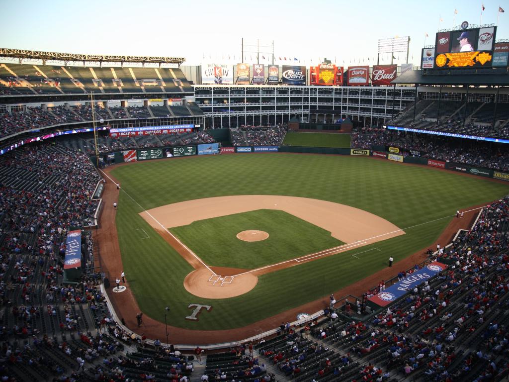 Night baseball game at The Ballpark between the Rangers and Seattle Mariners in Arlington, Texas