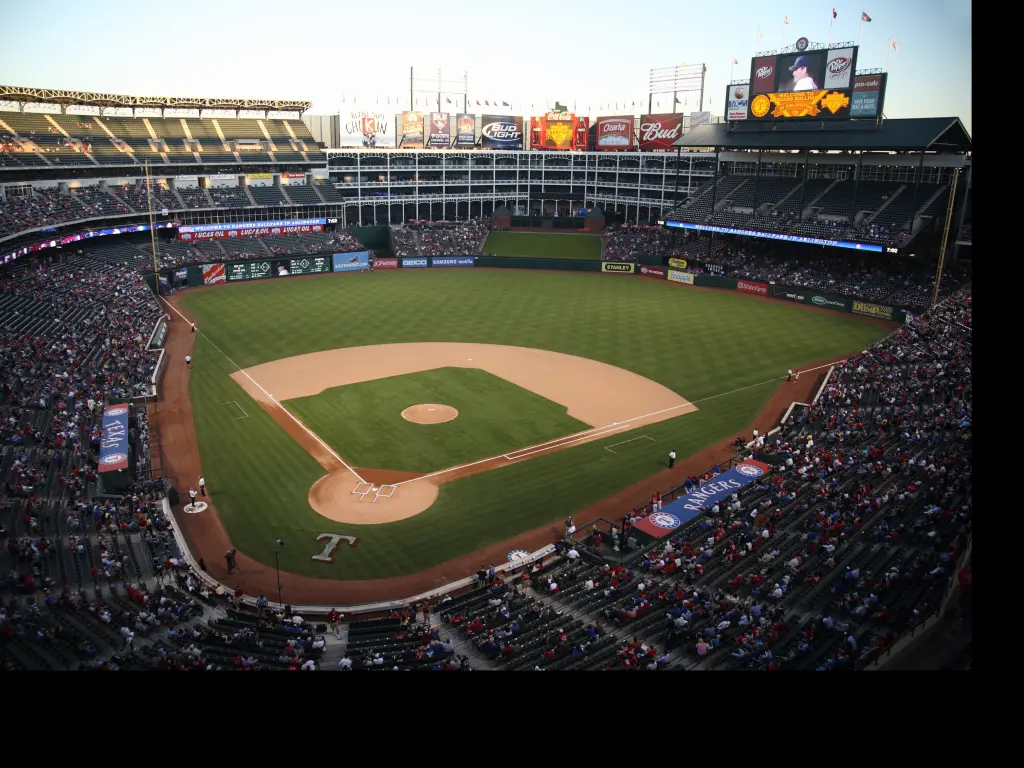 Night baseball game at The Ballpark between the Rangers and Seattle Mariners in Arlington, Texas