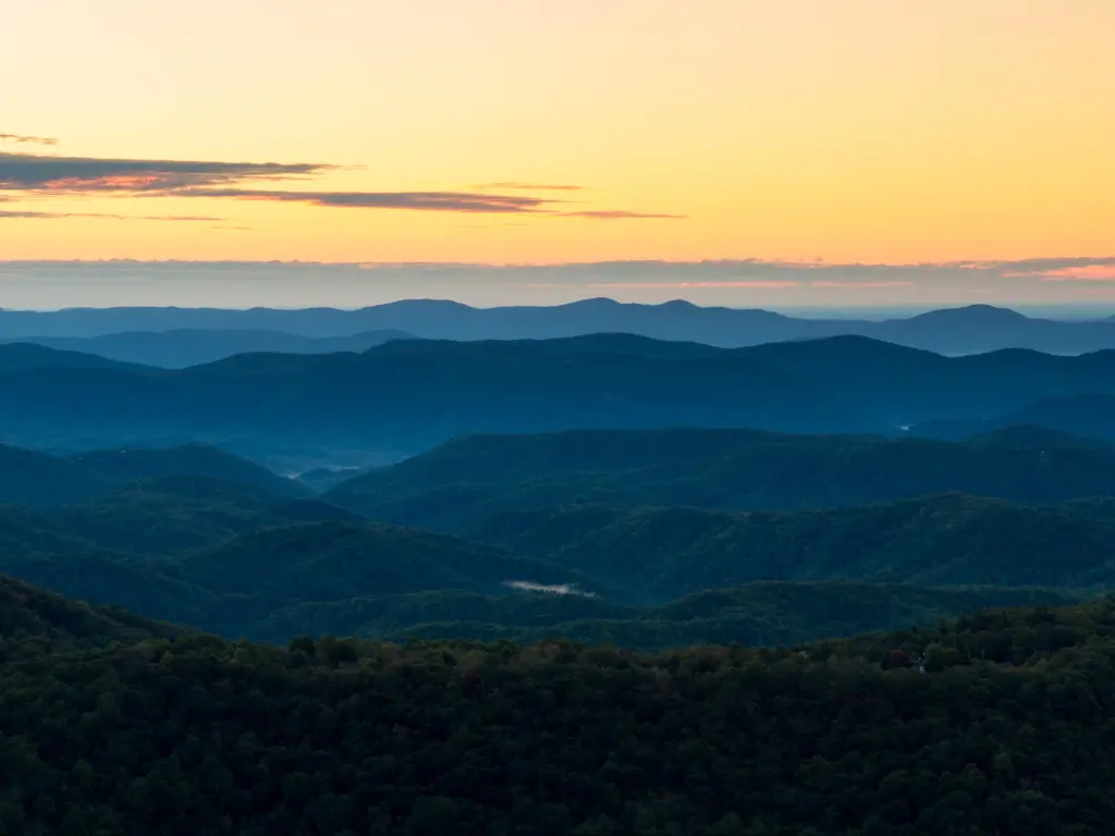 Sunrise on the Blue Ridge Parkway, Thunder Hill Overlook, observing rugged mountains in the background
