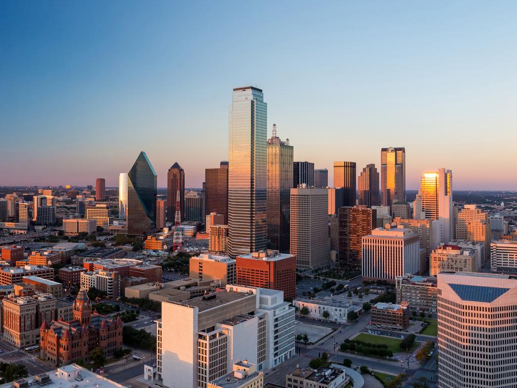 Skyline of downtown Dallas at sunset, Texas