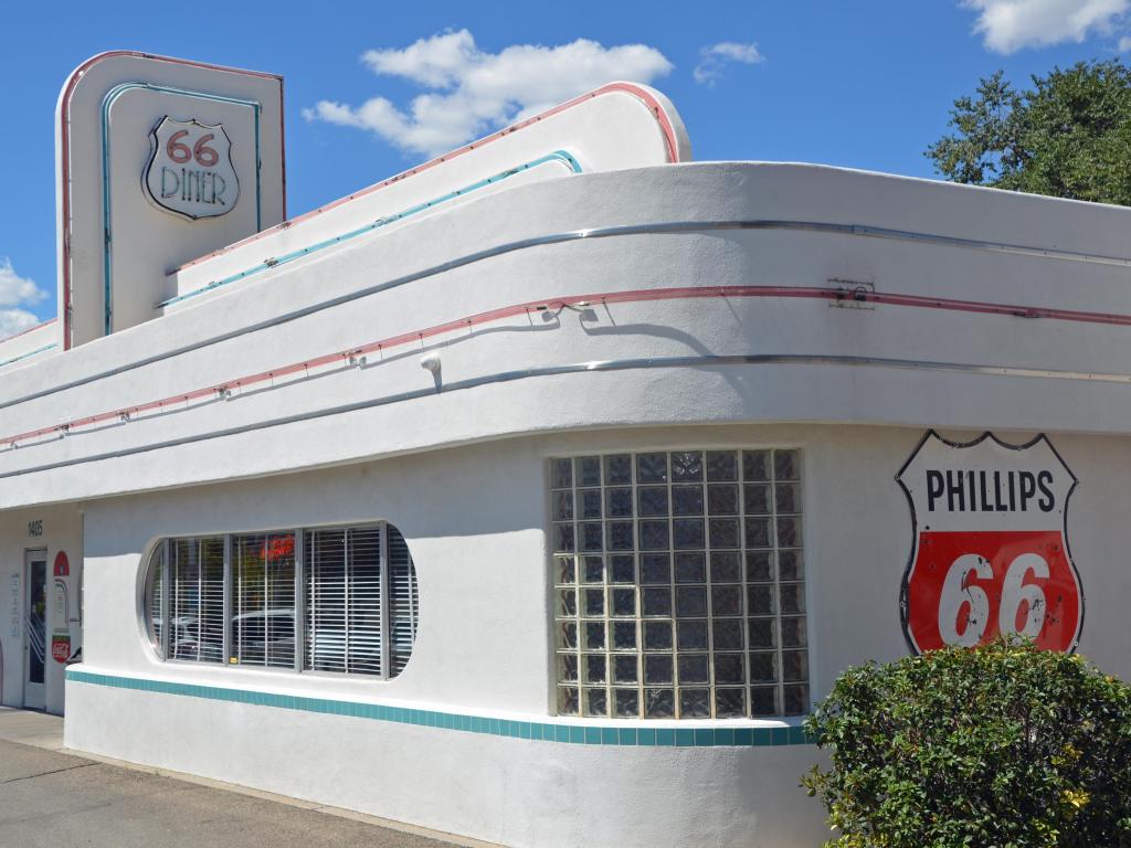 Historic, white art deco diner on Route 66 in Albuquerque, New Mexico on a sunny day 