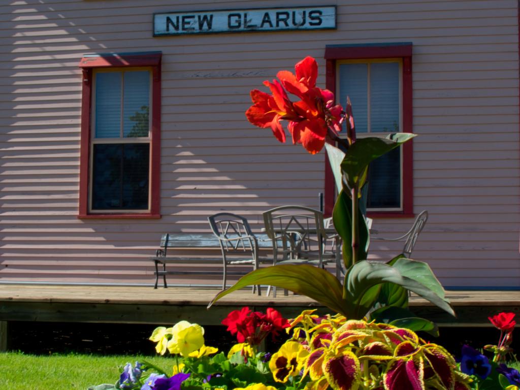 A traditional house with flowers in New Glarus, Wisconsin