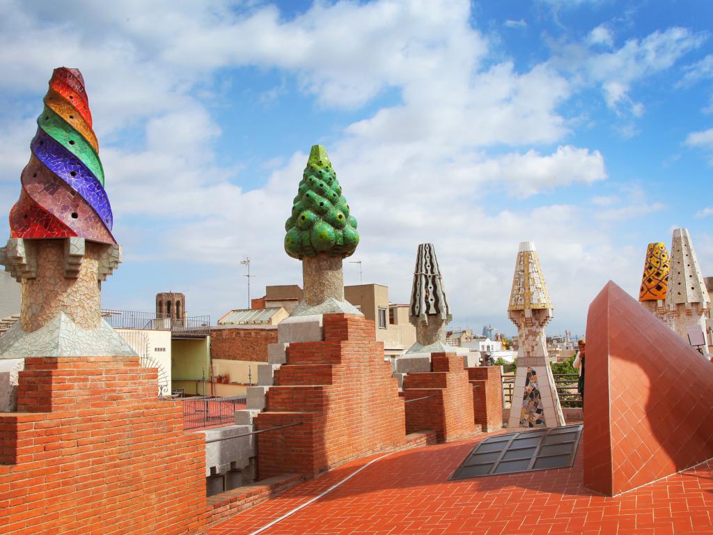 Mosaic chimneys on the roof of Palau Guell in Barcelona