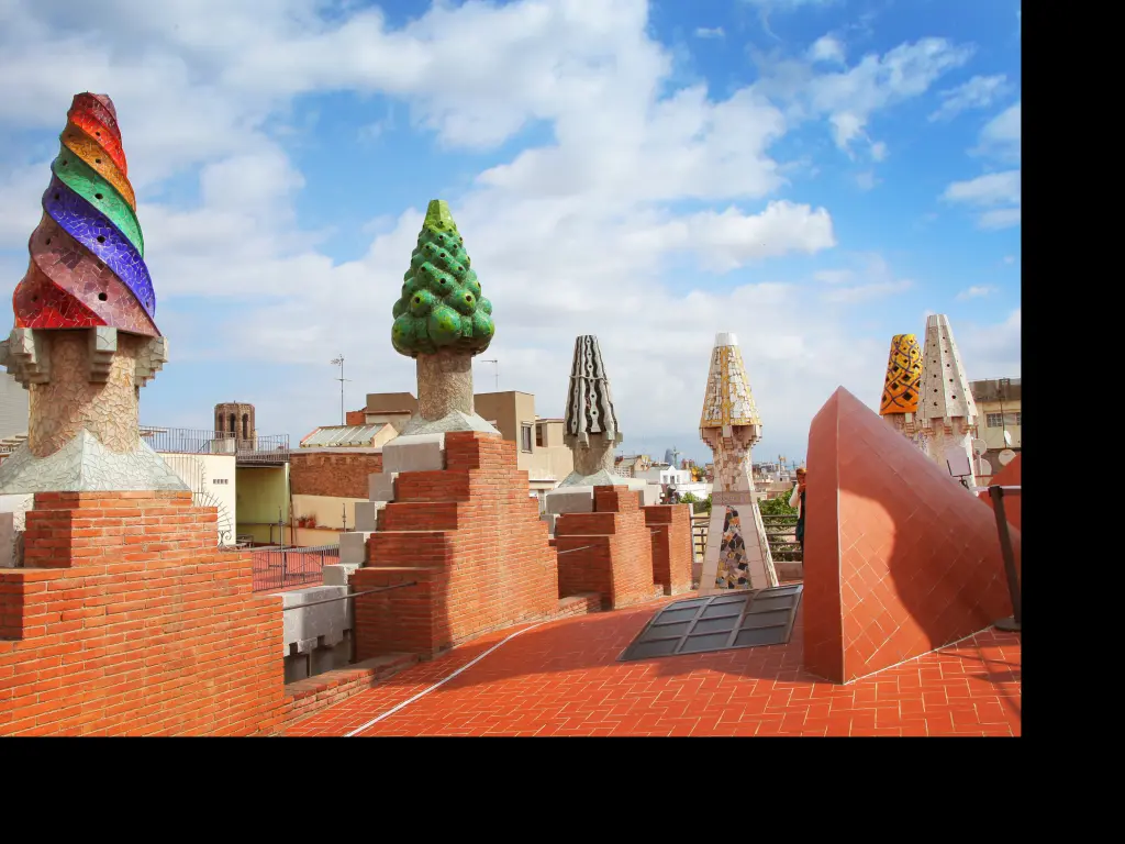 Mosaic chimneys on the roof of Palau Guell in Barcelona