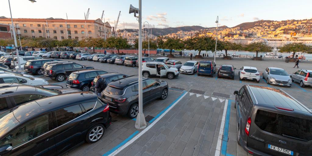 Cars parked in a lot in Genoa, Italy