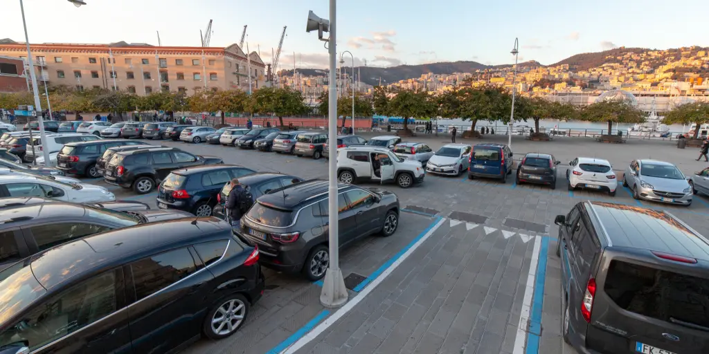 Cars parked in a lot in Genoa, Italy