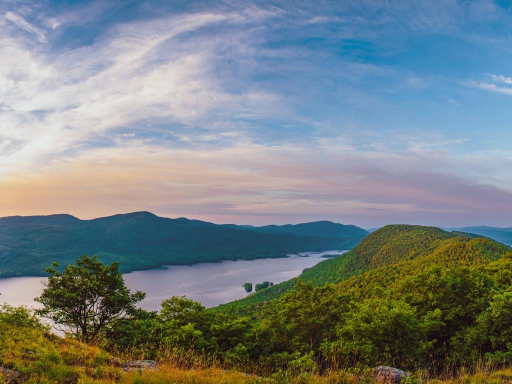 Lake George, New York, USA taken at sunrise from the summit of Fifth Peak in the Adirondacks of New York.