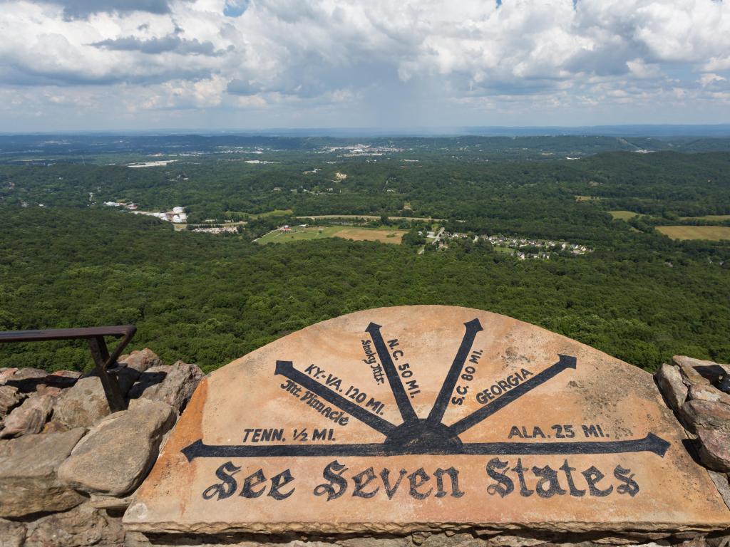 Seven States Stone at Rock City viewpoint atop of iconic Lookout Mountain, Georgia. The city of Chattanooga Tennessee is nearby.