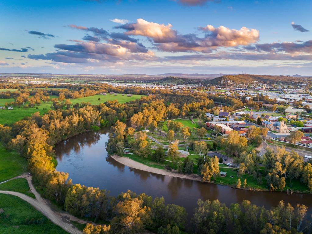 Wagga Wagga, Australia with a sunset over the Murrumbidgee River then as an aerial drone view.