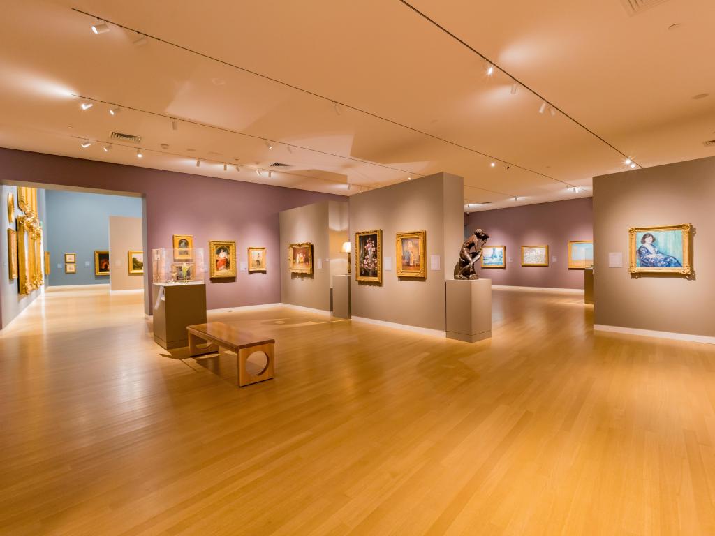 Interior view of the beautiful museum, paintings hanging on gallery walls