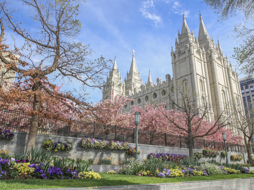 Salt Lake Temple in Temple Square, Salt Lake City, during a clear day in spring. 