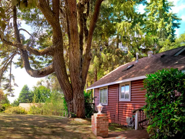 Red wooden exterior and lush gardens surrounding View Crest Lodge, Trinidad