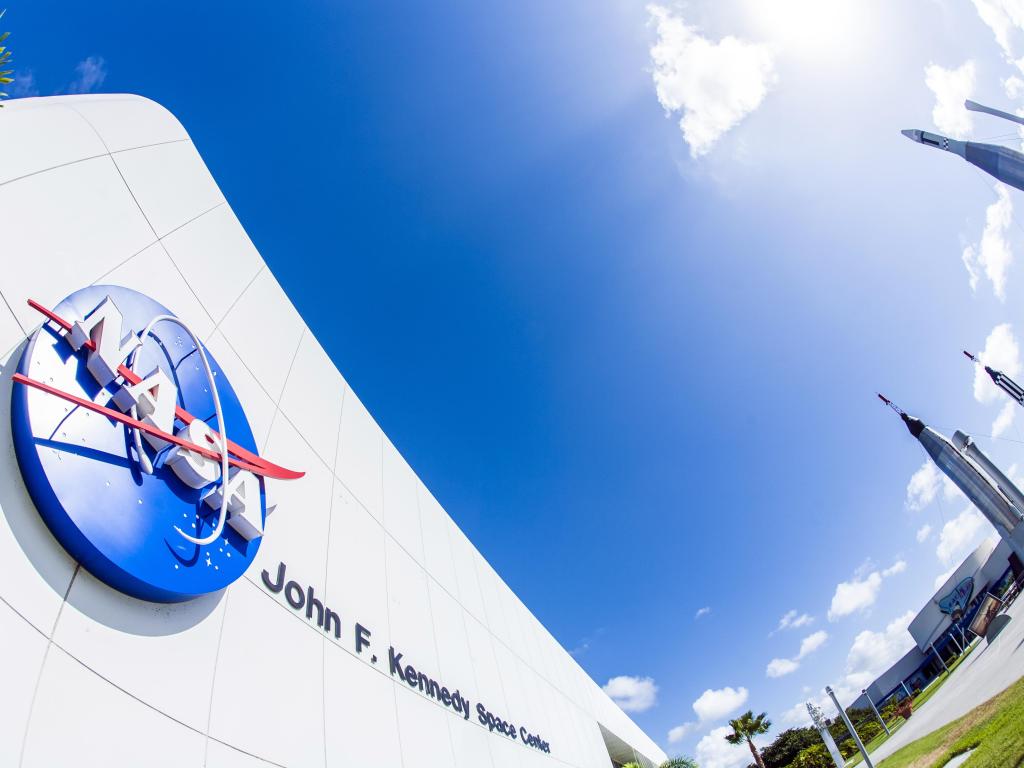 View of buildings with NASA sign at Kennedy Space Center