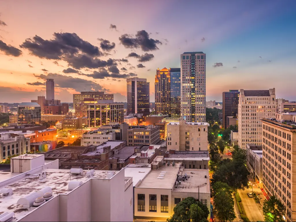 Birmingham, Alabama, USA downtown cityscape at dusk.