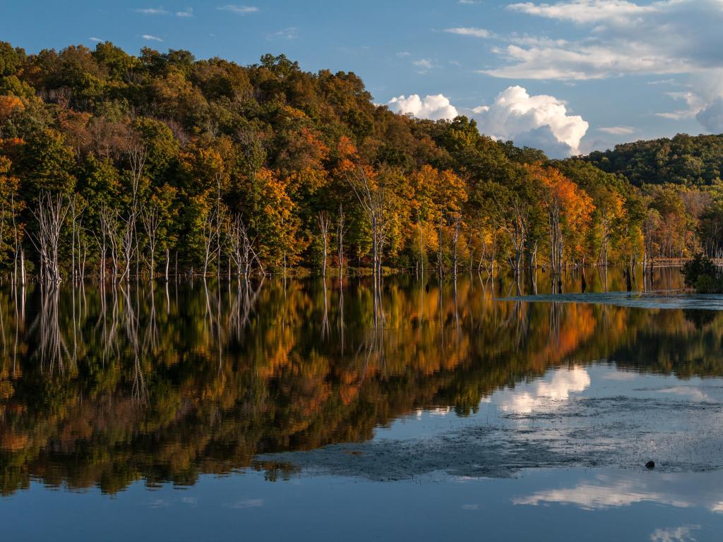 Vibrant fall foliage colors surrounding Monksville Reservoir and reflected in the lake, New Jersey