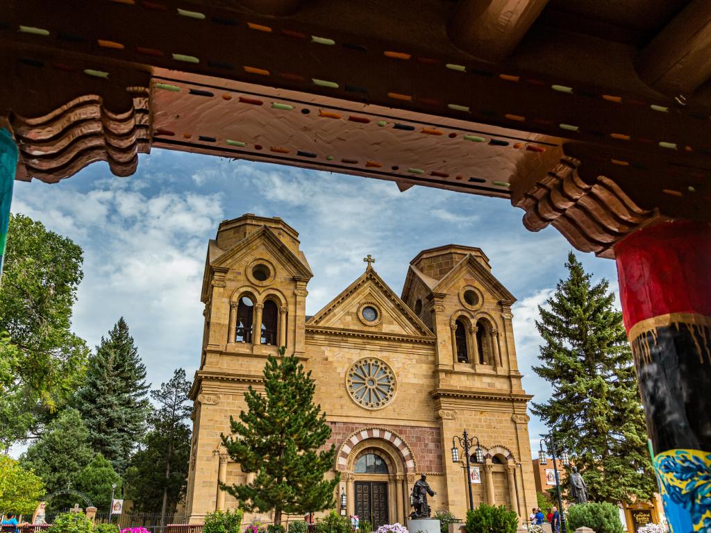 Cathedral Basilica of St Francis of Assisi, Santa Fe, seen through a historic and colorful archway