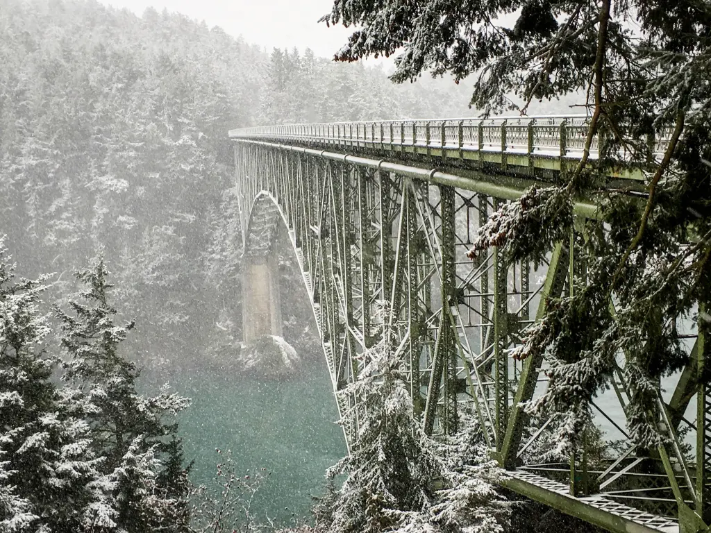 Snowy scenery, a metal bridge dusted with snow on water