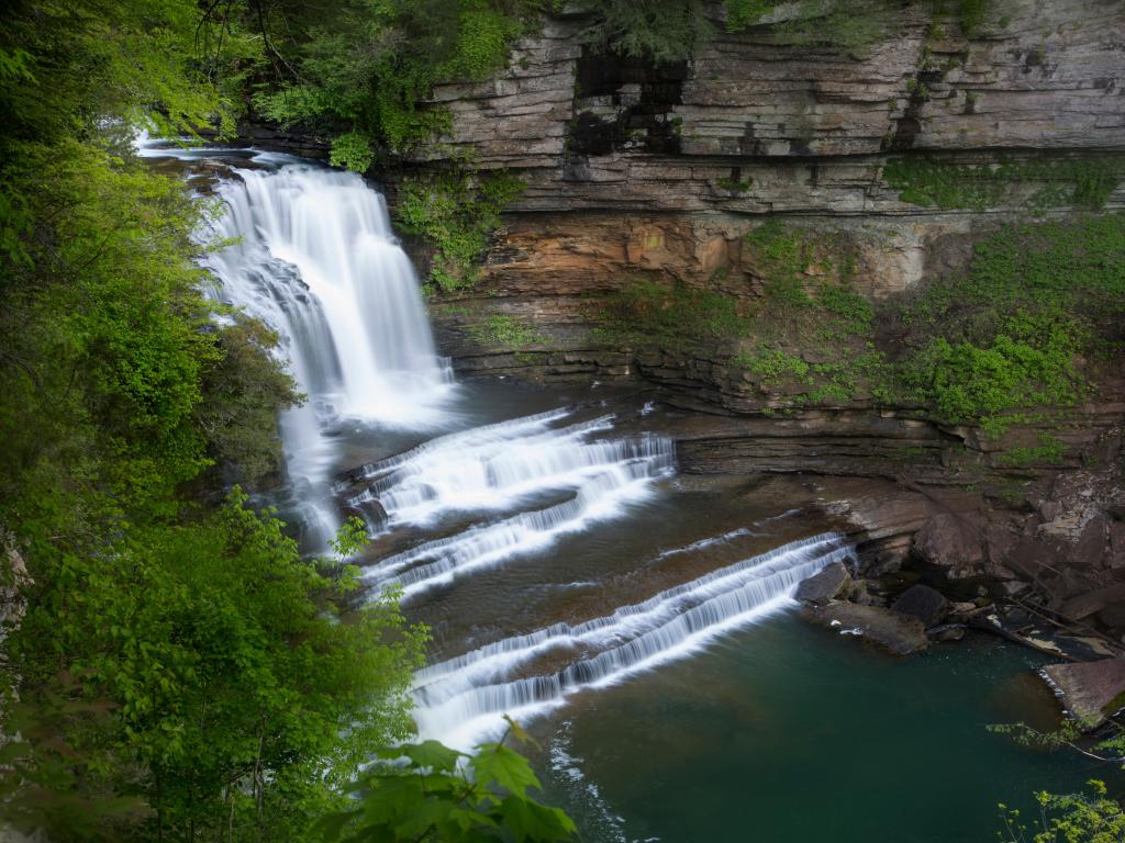 Cummins Falls State Park, Tennessee, USA with a waterfall and cascade of Blackburn Fork State Scenic River.