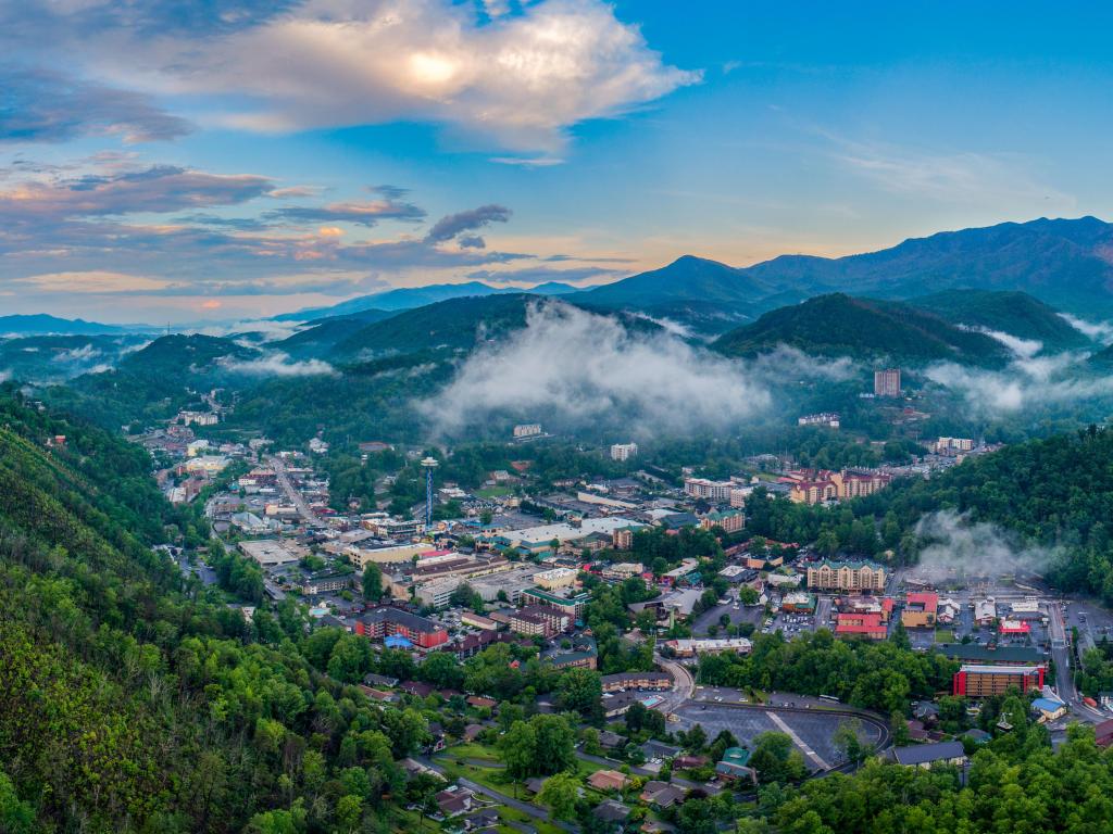 Gatlinburg, Tennessee, USA Downtown Skyline Aerial Panorama.