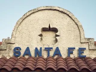 Sign for Santa Fe atop the historic railway station building, located in the city's downtown area