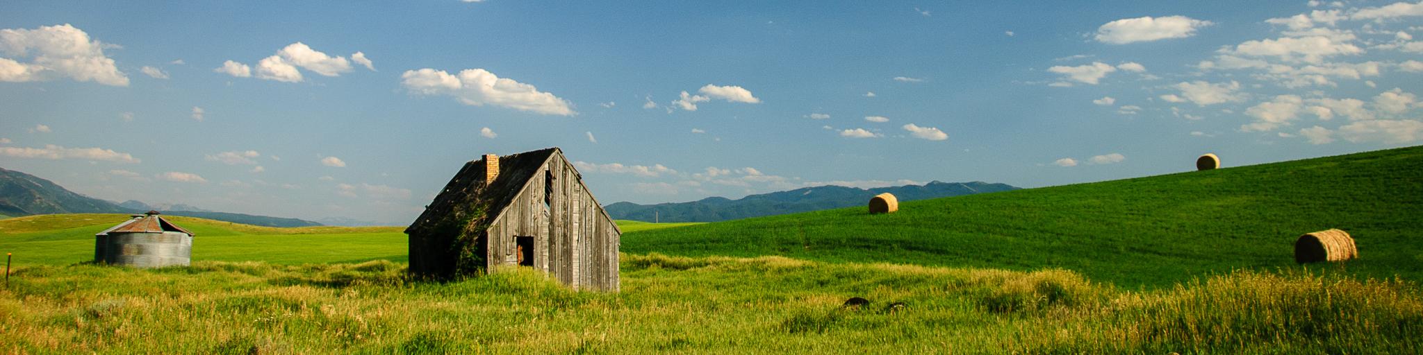 A small house sits in a green field in Swan Valley, Idaho, with a blue sky above