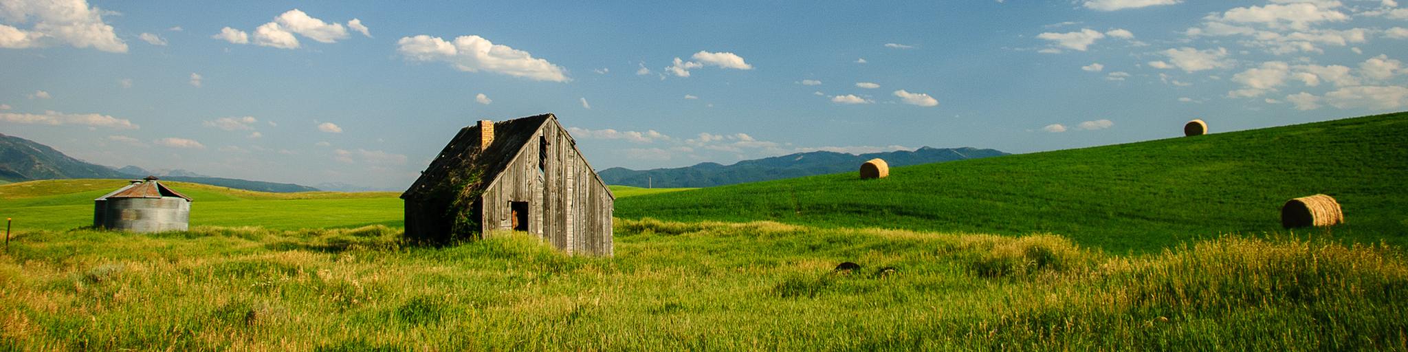 A small house sits in a green field in Swan Valley, Idaho, with a blue sky above