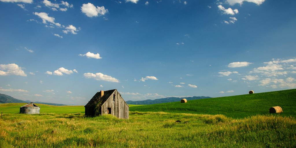 A small house sits in a green field in Swan Valley, Idaho, with a blue sky above