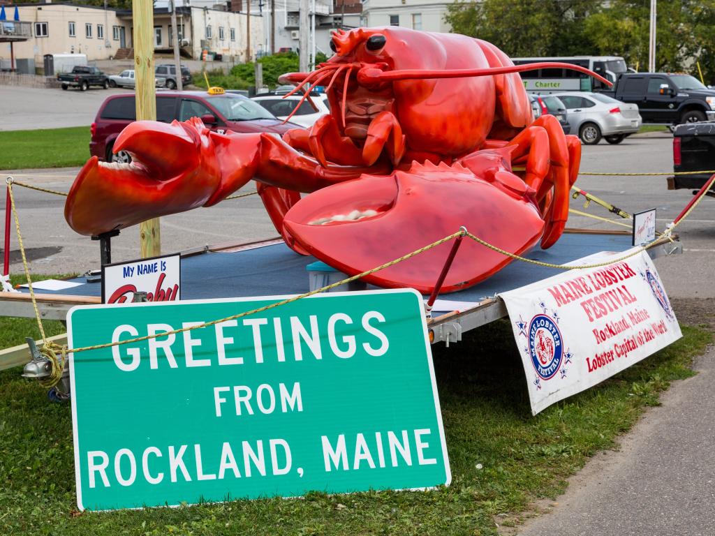 Giant red lobster figure made to celebrate Maine Lobster Festival, welcoming visitors to Rockland, Maine