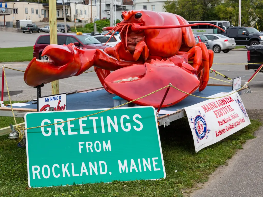 Giant red lobster figure made to celebrate Maine Lobster Festival, welcoming visitors to Rockland, Maine