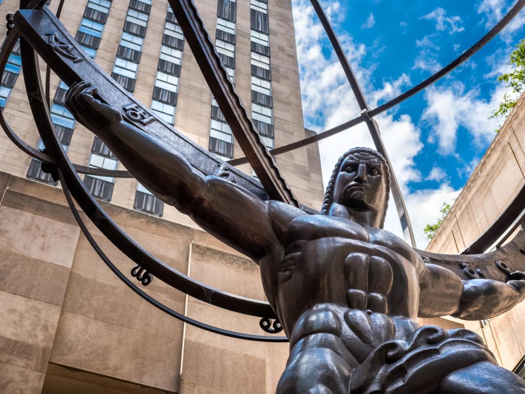Close up of the Statue of Atlas holding the celestial spheres in New York City's Fifth Avenue