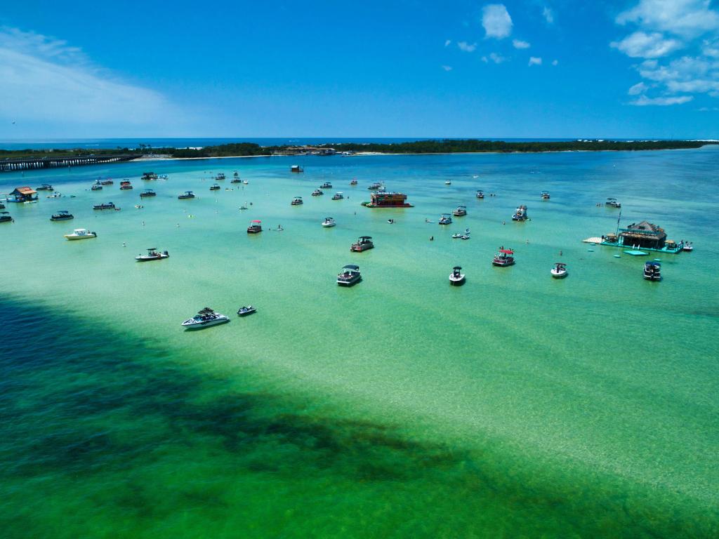 Aerial Close-up of Crab Island off of Destin Florida