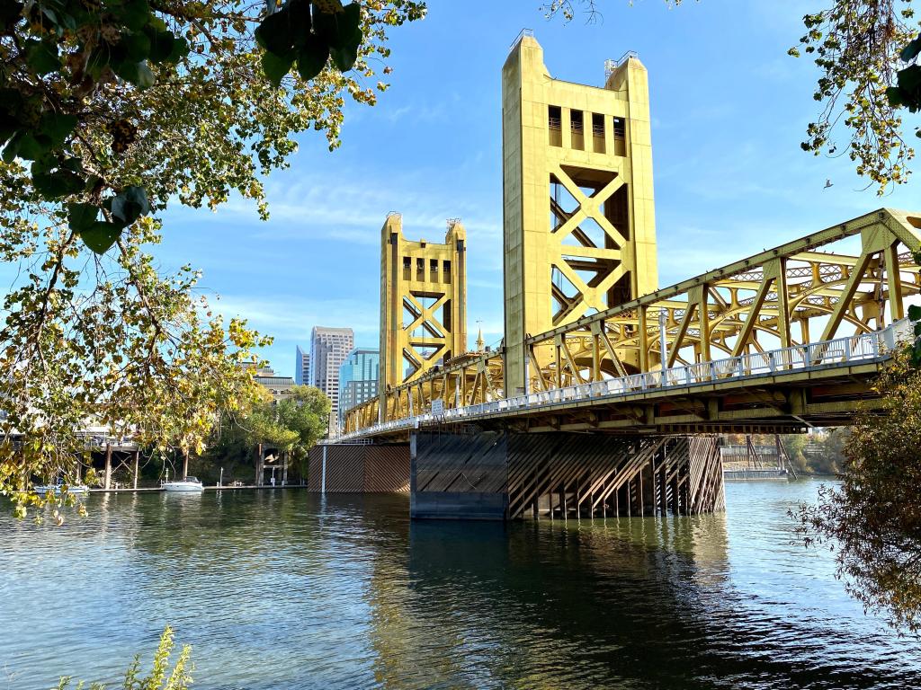 View of the famous Tower bridge in gold over the Sacramento River downtown.