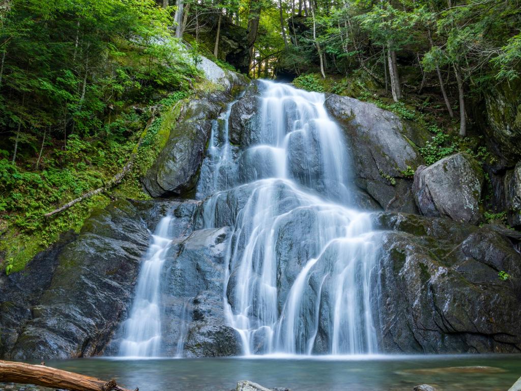 Colorful image is of the Moss Glen Falls along Route 100 in Granville